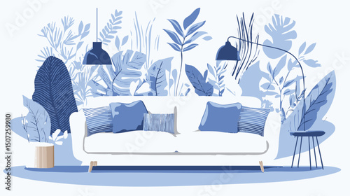 minimalist modern living room interior line art with plants