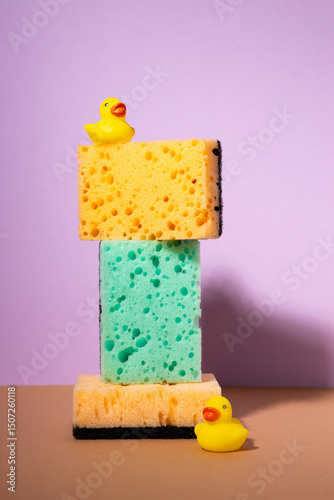Household sponge foam cleaner still life and bath duck