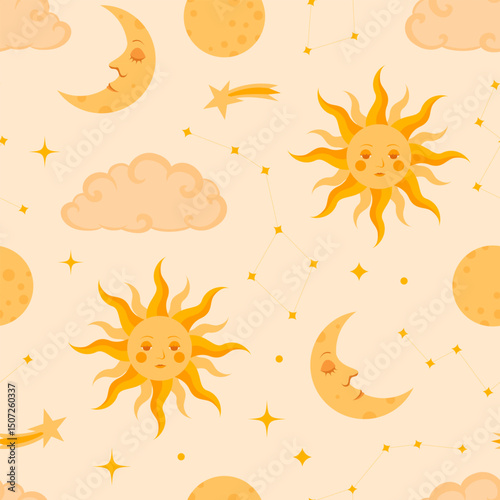 Charming vector seamless pattern with sun, moon, stars, constellations, clouds, and shooting stars. Perfect for nursery room, bedtime decor, kids textiles, bedding, pajamas, cover