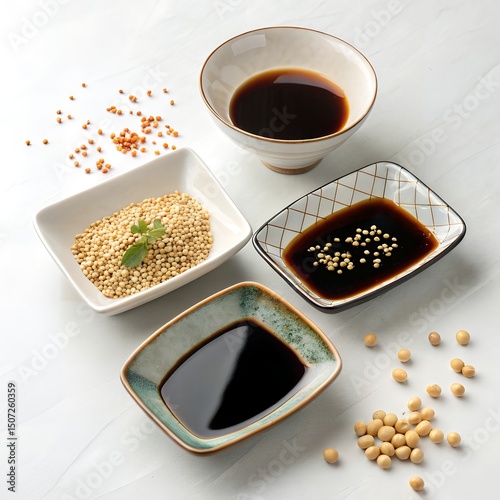 Asian Cuisine Soy Sauce Sesame Seeds and Sorghum Grains Display