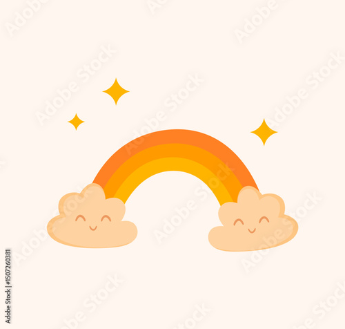Adorable rainbow with happy clouds and sparkling stars on a soft background. Ideal for children's prints, educational materials, greeting cards, children's clothing and stationery