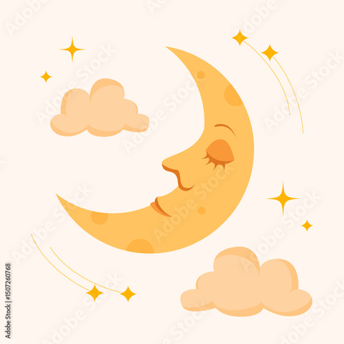 A charming, cute crescent moon with a smiling face, surrounded by clouds and stars. Perfect for nursery designs, kids' products, or night-themed decorations.