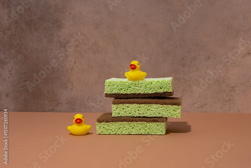 Bath and hygiene cellulose sponge with bath yellow duck toy