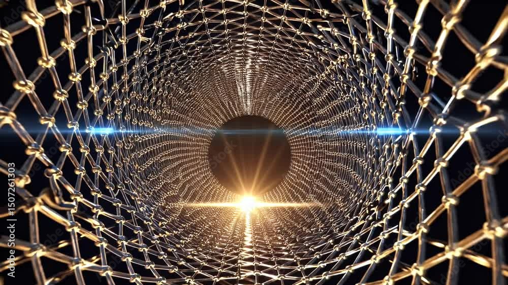 Spinning 3D golden wire tunnel animation radial light flare creates dynamic sci fi abstract mesh loop digital motion backgrounds