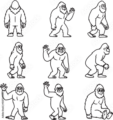 Bigfoot Character Illustrations Nine Poses for Animation or Design