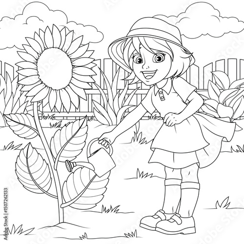 Vector illustration, cute girl watering a sunflower in the garden