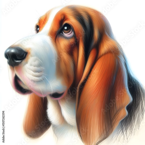 흰 배경, 바셋 하운드, 파스텔화, jpeg (white background, Basset Hound, pastel painting, jpeg)	