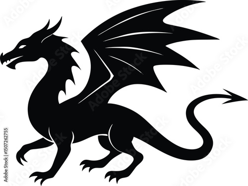 dragon icon silhouette style vector art illustration. Vector drawing of a black dragon silhouette design