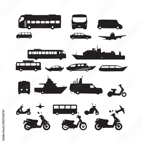 Collection of black silhouettes transportation vehicles