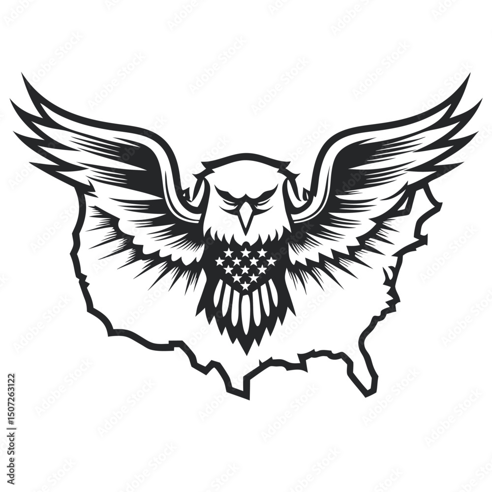 Obraz premium Vector Illustration: Bald Eagle with USA Map on White Background - Graphic, Patriotic, and Black and White Design 