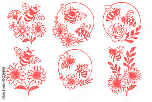 Bee and Flower SVG Bundle – Floral Honeybee Outline Clipart for Cricut