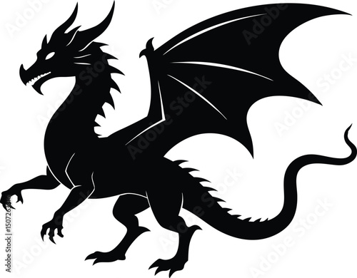 dragon icon silhouette style vector art illustration. Vector drawing of a black dragon silhouette design