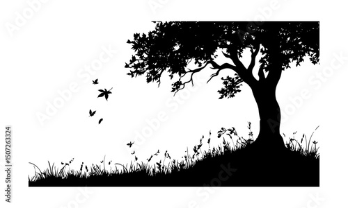 Hand-drawn Chestnut Tree in Autumn Forest, wild tree silhouette, vintage hillside style, seasonal nature clipart, rustic woodland background, vector illustration, outdoor landscape.