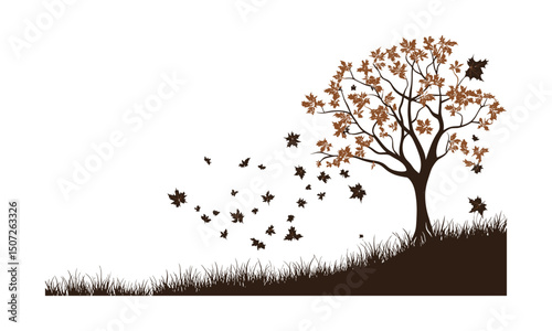 Vintage Hillside Autumn Forest with Chestnut Tree, seasonal nature silhouette, wild tree hand-drawn, forest landscape, rustic scenery, vector illustration, natural environment.