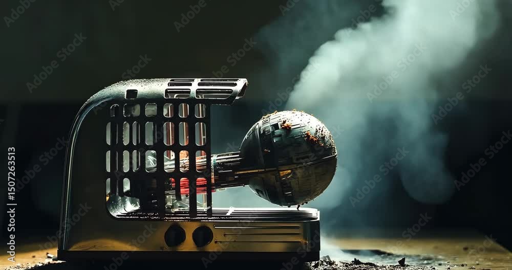A Death Star shaped toast is burning in a vintage toaster, smoke rises.