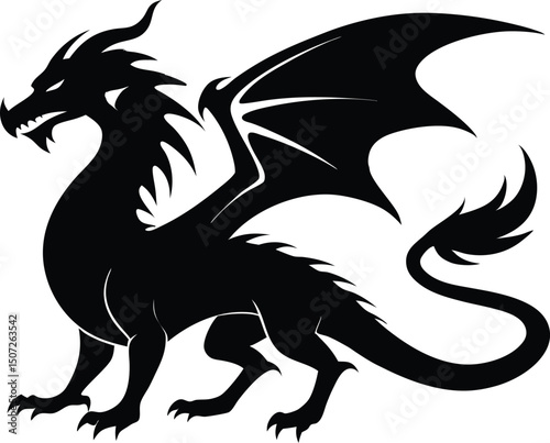 dragon icon silhouette style vector art illustration. Vector drawing of a black dragon silhouette design