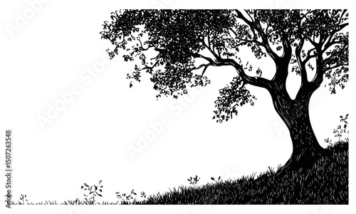 Autumn Forest Chestnut Tree Hillside Scene, wild tree, hand-drawn forest silhouette, vintage nature, seasonal foliage, rustic landscape, vector illustration, countryside environment.