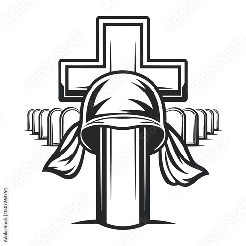 Military Memorial: A Cross with Helmet and Gravestones in a Vector Black and White Illustration                                                       