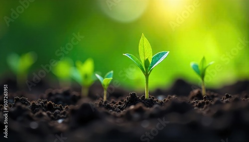 Close-up of flourishing green shoots emerging from soil, symbolizing growth, energy, and the potential of nature's power , potential, earth, sprout photo