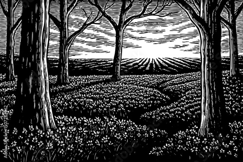 Bluebell woods sunrise in spring black and white isolated hand drawn sketch