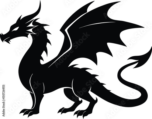 dragon icon silhouette style vector art illustration. Vector drawing of a black dragon silhouette design