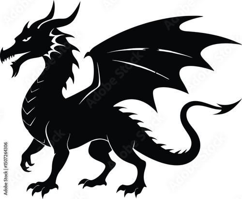 dragon icon silhouette style vector art illustration. Vector drawing of a black dragon silhouette design