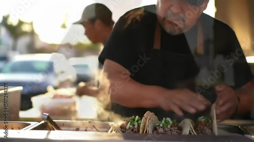 Authentic Food Vendor Preparing Street Tacos at Food Truck Gourmet Cuisine Lifestyle