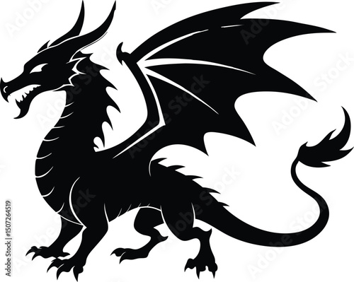 dragon icon silhouette style vector art illustration. Vector drawing of a black dragon silhouette design