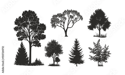 Chestnut Tree in Summer Temperate Scene, forest silhouette, wild nature, black tree clipart, natural art, outdoor design set, vector illustration, botanical art, woodland plants, eco nature theme.