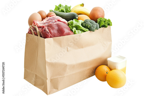 Grocery shopping bag filled with various fresh produce and protein photo