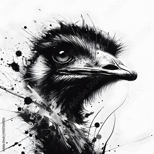 역동적인 잉크 분사 표현을 한 타조 흑백 추상화, jpeg (A Common ostrich black-and-white abstraction with dynamic ink jet expression, jpeg)