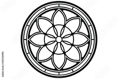 Monochrome Geometric Rose Window Design: Symmetrical Floral Motif in Circular Frame, Isolated on White Background.                                    