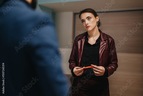 A confident woman engages attentively in a conversation, holding a pen in an office. Ideal for illustrating professionalism, workplace environments, and collaboration in business settings.