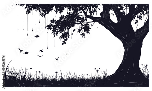 Chestnut Tree Woodland Vector Set, rainy season mood, hand-drawn tree clipart, forest silhouette, natural art, seasonal nature, autumn landscape, vector illustration.