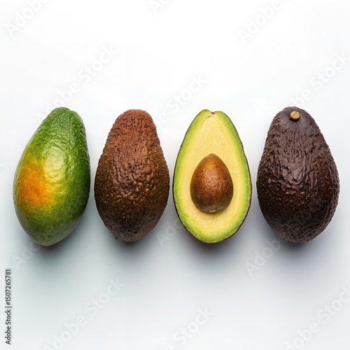 Fresh Avocados Ripe Unripe and Halved Organic Fruit on White Background