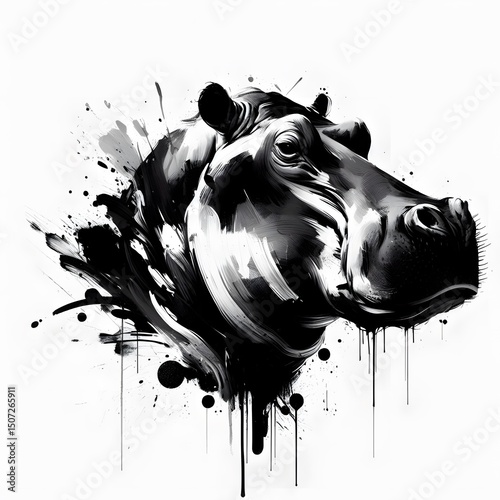 역동적인 잉크 분사 표현을 한 하마 흑백 추상화, jpeg (A Hippopotamus black-and-white abstraction with dynamic ink jet expression, jpeg)