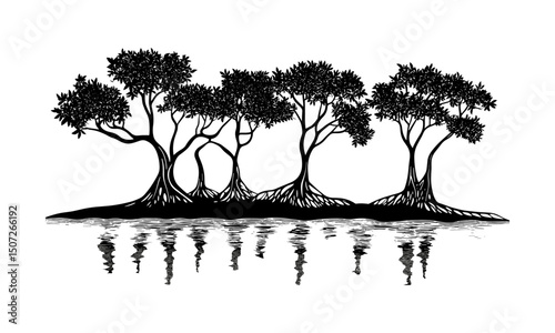 Ocean water trees clipart, coastal mangrove tree silhouettes, tropical shoreline vector, engraved root forest, vector illustration, coastal wetland plants, mangrove habitat, shoreline nature scene.