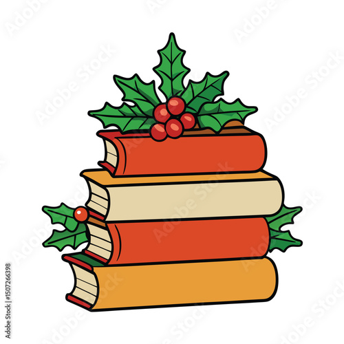 Charming Book Stack Adorned with Festive Holly, Ideal for Seasonal Designs                                                                            
