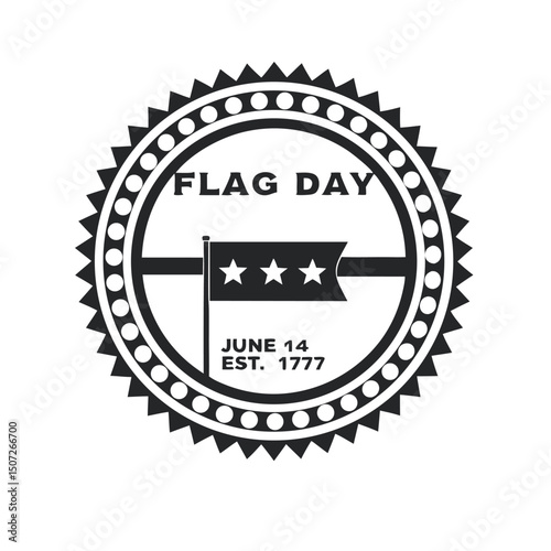 Black and White Flag Day Badge Graphic with Stars and Date, June 14 EST. 1777, Ideal for Patriotic Themes.                                