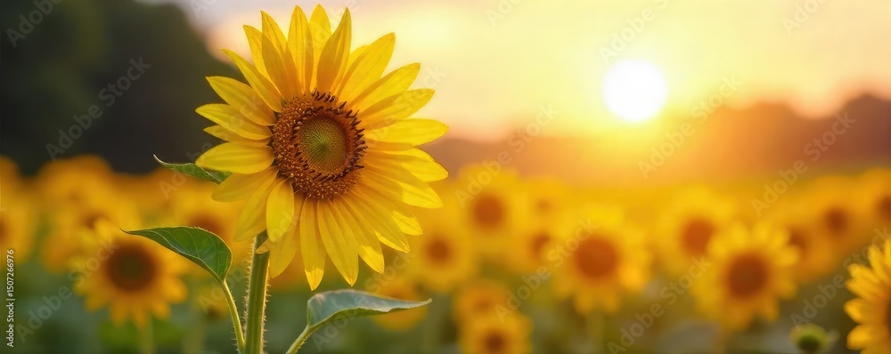 Obraz premium Close-up of a single, vibrant sunflower facing the sun, symbolizing optimism and the promise of a brighter future A powerful image of resilience and new beginnings , beauty, sun