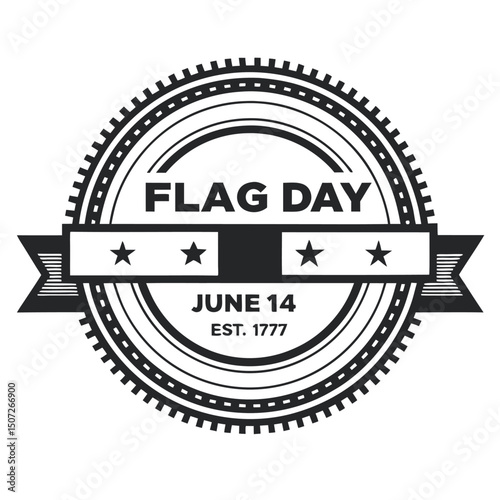 Detailed Flag Day Icon with Stars, Ribbon, and Commemorative Date "June 14" and Establishment Year "1777" in a Circular Design.                       