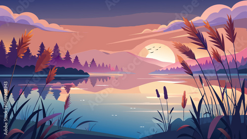 A tranquil lakefront glows under a pastel sunset, where soft hues reflect in the water. Pampas grass sways gently in the breeze, completing this peaceful vector landscape of calm.