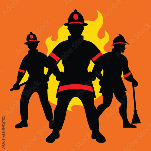 Three Silhouetted Firefighters Bravely Facing Blaze Vector Illustration