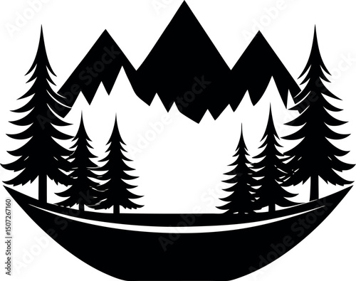 Scenic boat ride on a lake under a starry night sky . silhouette vector.