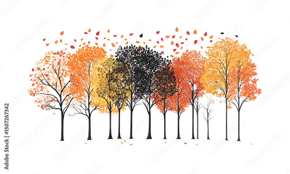 Colorful Autumn Woodland Scene with Beech Tree Silhouettes, engraved leaf canopy vector, vibrant forest clipart, vector illustration, fall forest landscape, cutout, woodland art.