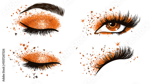 Abstract Eyes with Orange Eyeshadow and Long Black Lashes on White Background Decorative Illustration