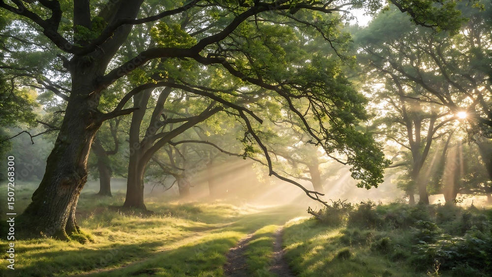 Fototapeta premium Sun Rays Through Trees in a Misty Forest Clearing with a Path Leading Through the Scene at Dawn or Dusk