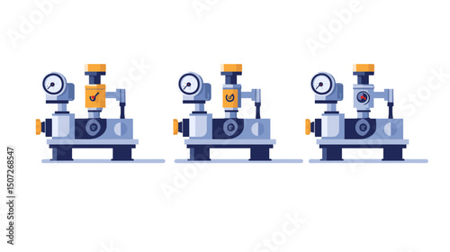 Array of Blue and White Pixel Art Machines with Yellow Details on a White Background for Industrial and Technological Themes