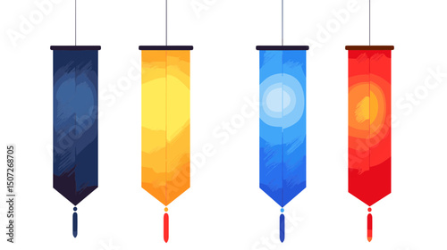 Assorted Colorful Decorative Banners With Tassels in Traditional East Asian Style on White Background