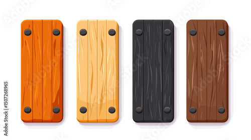 Assorted Wooden Planks with Visible Grain Textures and Dark Metal Rivets on White Background